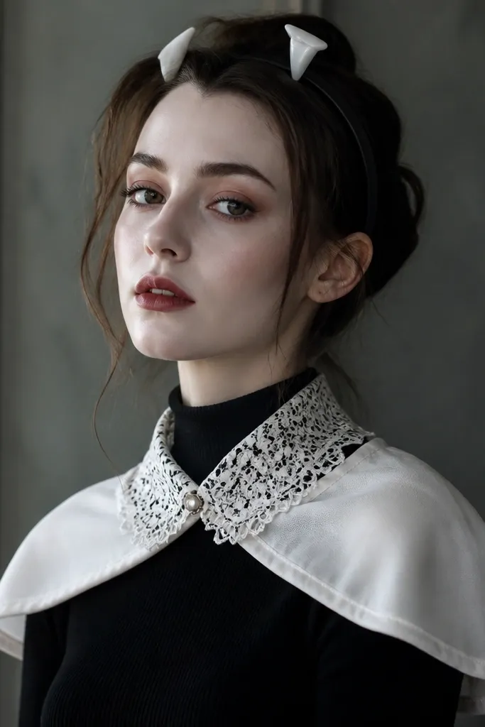 A black turtleneck with a white lace collar layered over the neck, plus small white felt cape drape at the shoulders. Fake vampire fangs are attached to a headband and the face has a pale base makeup look.