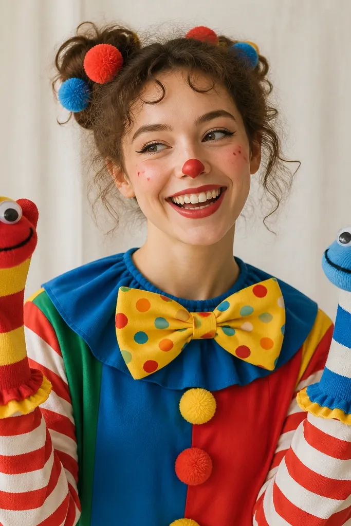 A colorful clown outfit with striped sleeves and sock puppet hands attached to wrists. The gloves have googly eyes and stitched smiles, and the outfit includes a bright bow tie.