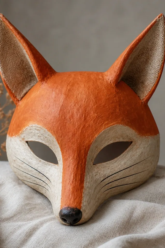 A fox mask made from painted paper mache with orange and cream details, plus fabric ears attached on top. The mask has painted whisker lines and a pointed snout.