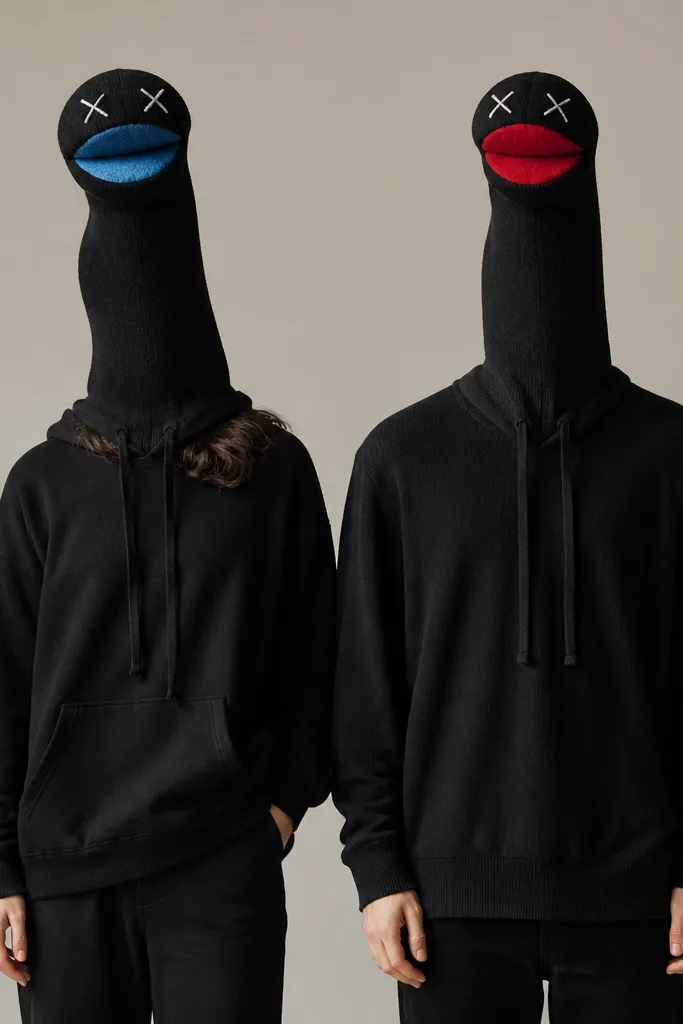 Two people standing side by side. Each wears a plain black outfit with a long sock puppet head attached to a hoodie string and a small felt face on the sock toe. One has a blue felt mouth and the other has a red felt mouth; both faces have stitched eyes.