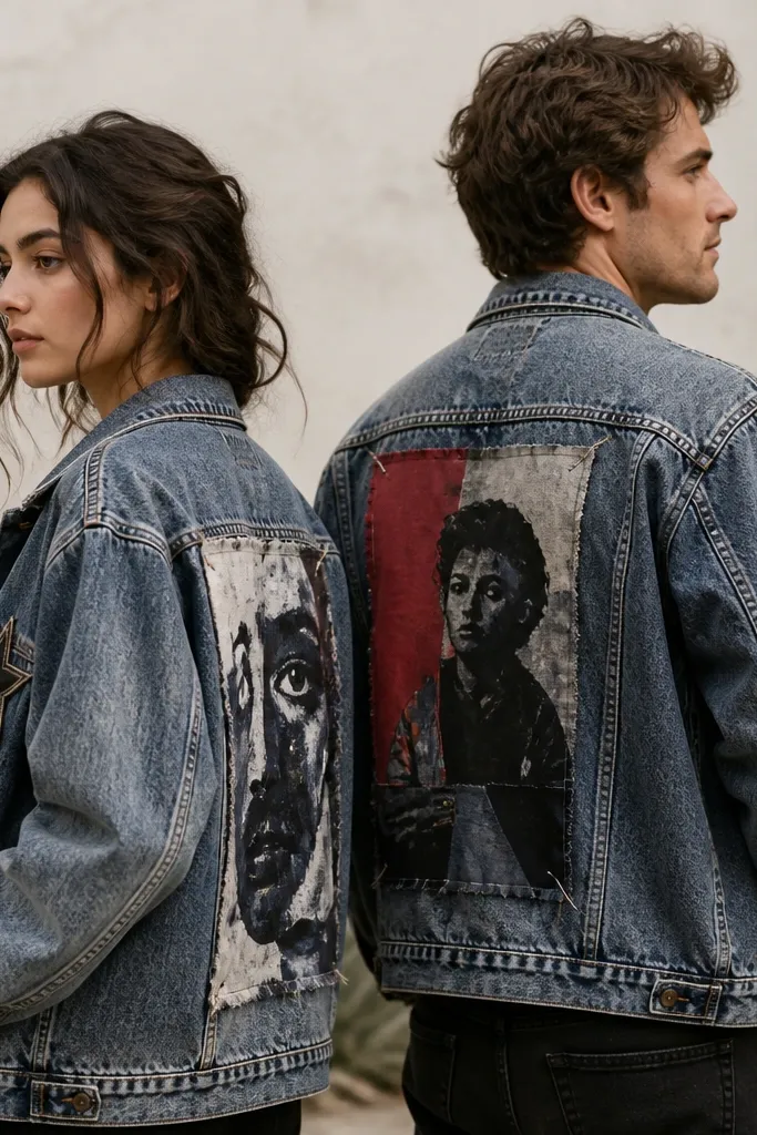 A couple in matching denim jackets. Each jacket has a large printed band-poster style rectangle on the back made from thrifted fabric scraps, with safety-pin "staples" at the corners. The fronts have different patch symbols: one is a star, the other is a lightning bolt.