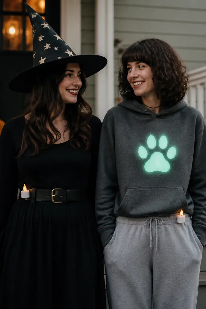 One person wears a black dress with a wide belt and a foam witch hat trimmed with star stickers. The other wears gray sweatpants and a hoodie with a glowing paw print on the chest. Both have small LED tealights tucked into belt loops.