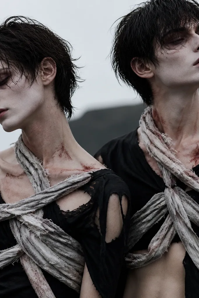 Two people with pale makeup and dark, messy hair. Each wears a torn black t-shirt turned into a wrap at the shoulders. Strips of white-and-gray cotton are braided across the chest like bandages, with fake blood stains near the collarbone.