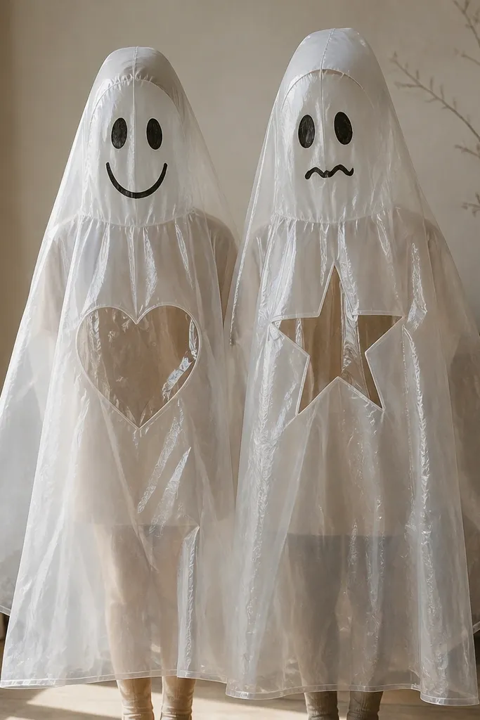 Two translucent ghost costumes made from clear plastic shower curtains. Each has a hood cut from the same material with a face drawn in black marker. One has a big heart window shape on the chest made from clear vinyl and the other has a star window.