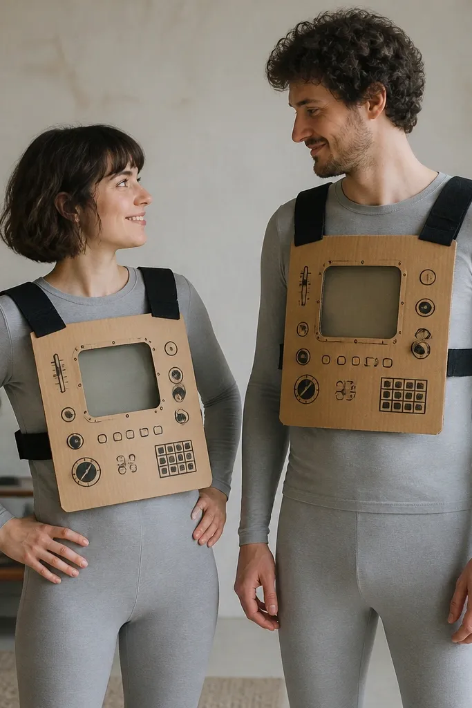 Two people in gray base outfits with cardboard chest armor panels. Each panel has drawn control buttons and a small "window" square. The panels attach with wide Velcro straps over the shoulders and around the waist.