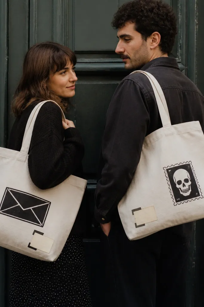 A couple each carrying a thrifted canvas tote with hand-painted haunted mail icons. One tote shows a black envelope and the other shows a skull stamp. Both have matching address labels made from paper and tape.