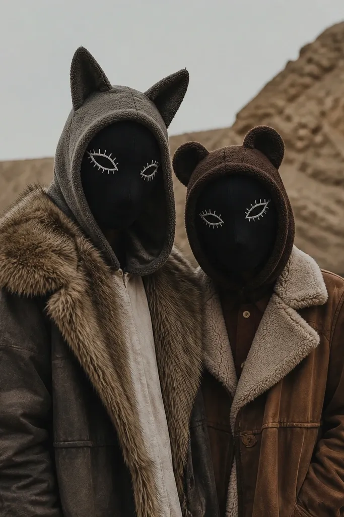 Two people wearing thrifted jackets with faux fur collars and simple animal face masks. One has wolf-like ears made from felt on a hood, the other has bear ears. Their faces are made from black fabric masks with white stitched eyes.
