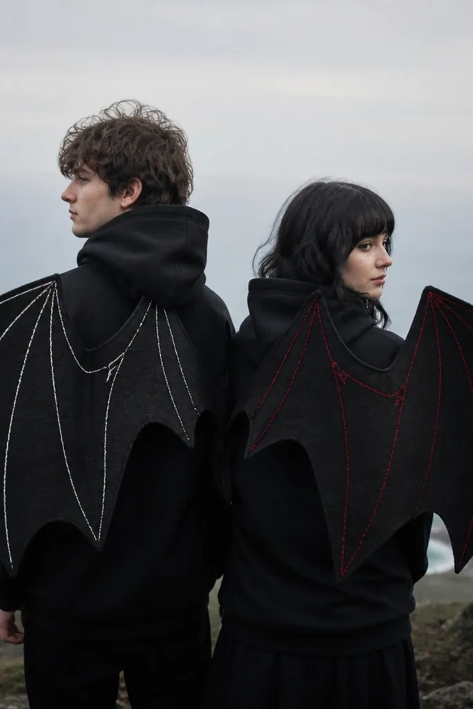 Two people in black hoodies with large bat wings attached at the shoulder blades. The wings are made from black felt and wired with thin craft wire so they curve outward. Each person has a different wing pattern: one has white stitched veins, the other has red thread veins.