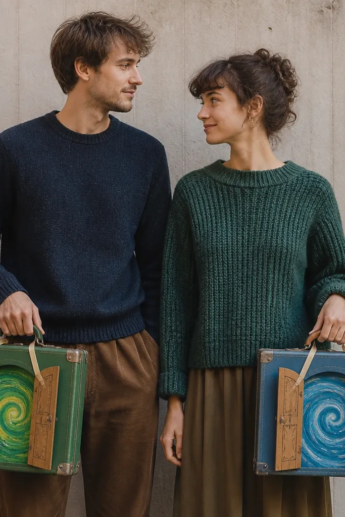 A couple holding small upcycled suitcases. Each suitcase has a cardboard door painted like a portal with swirling lines. The signs are attached to the front handle using ribbon straps.