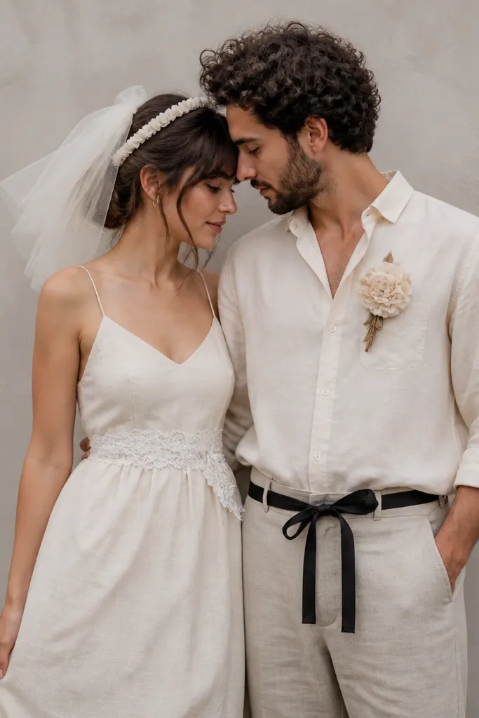 A couple in neutral outfits with DIY accessories: the "bride" wears a white lace belt and a small veil made from tulle pinned to a headband. The "groom" wears a black belt with a satin bow and a boutonniere made from scrap fabric flowers.