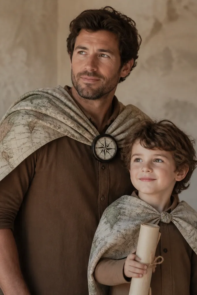 One person wears a worn-looking map fabric cape draped over a brown shirt, with a foam compass at the chest. The other wears a matching smaller map cape and holds a rolled paper prop with a twine tie.