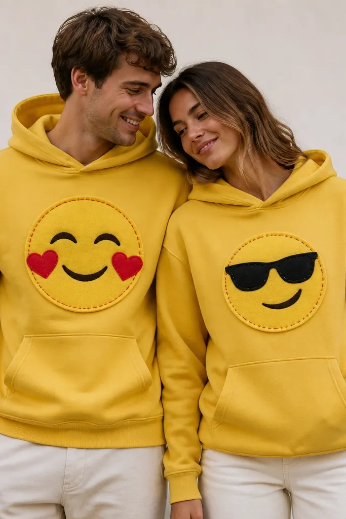 Two matching hoodies each with a big felt emoji face patch on the chest. One hoodie is yellow with a smiling mouth and heart cheeks, the other is yellow with sunglasses and a smirk mouth. The patches are stitched with contrasting thread.