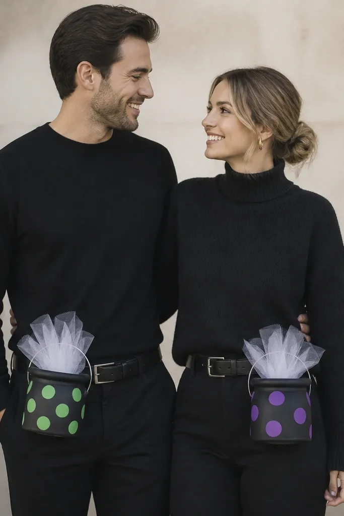 A couple wears black outfits with small cauldron props clipped to their belts. Each cauldron is made from a painted paper bucket with a handle, and the "steam" is made from white tulle strips. One cauldron has green dots, the other has purple dots.