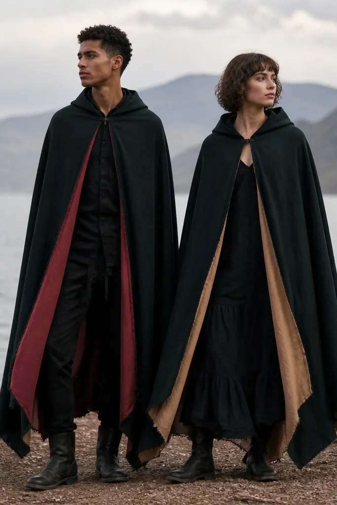 Two people wearing matching dramatic capes made from black and deep green bedsheets. Each cape has a simple Velcro closure at the chest and a different colored lining at the inside edge. The capes hang to mid-calf and have a rough, intentionally uneven hem.