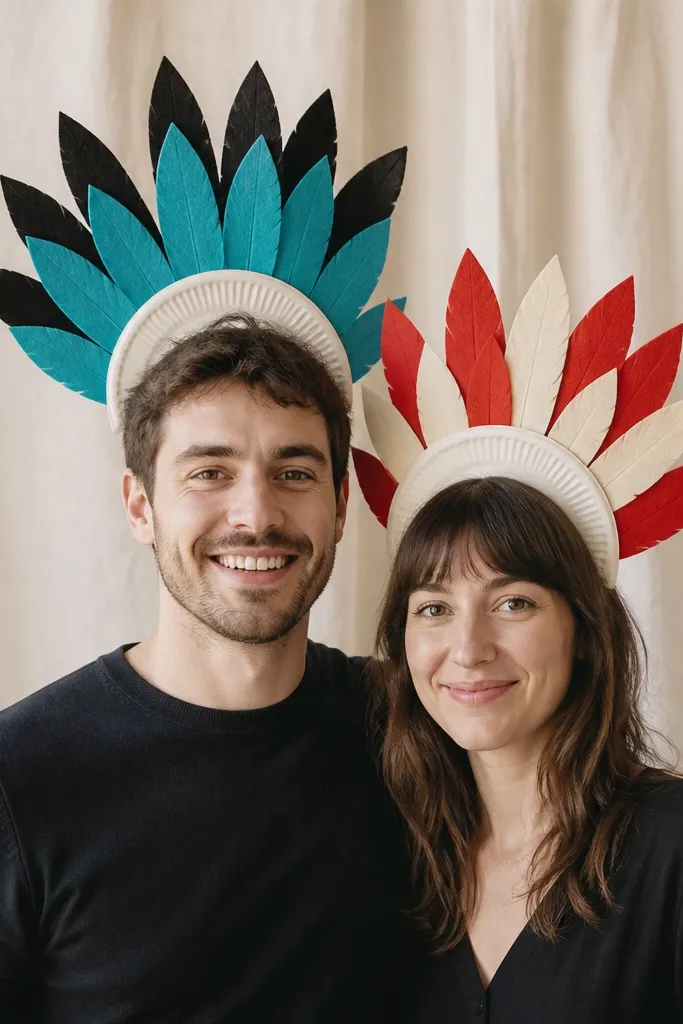 A couple wearing simple dark tops with large feather headpieces. Each headpiece starts with a paper plate circle, with felt feathers glued in a fan shape. The left headpiece has teal and black feathers, the right has red and cream feathers.
