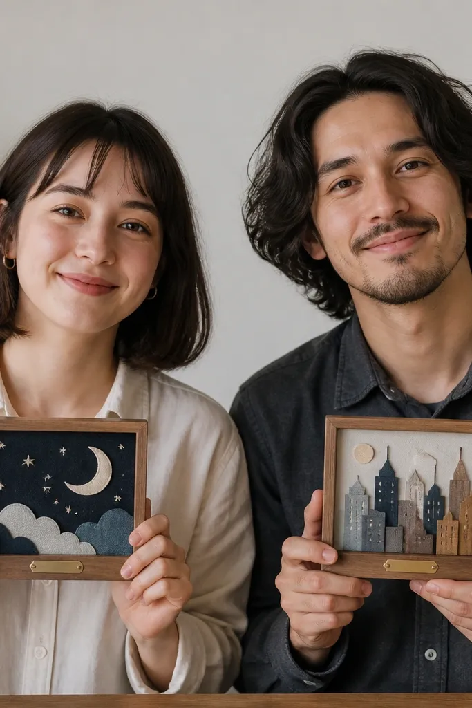 Two people each holding a small wooden picture frame. Inside the frame is a handmade scene made from fabric scraps and paper cutouts. One scene is a moon and stars, the other is a city skyline; both have tiny nameplates at the bottom.