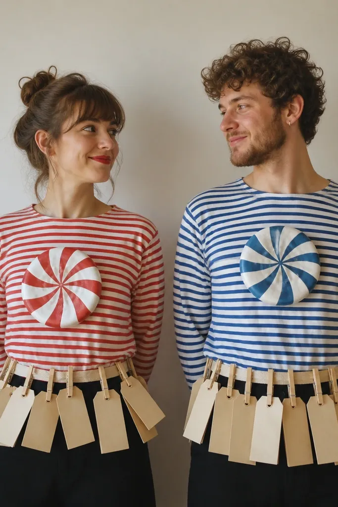 Two people in striped shirts. Each wears a belt made from fabric with large paper price tags hanging from clothespins. One has a red-and-white candy theme sign on the shirt, the other has blue-and-white.