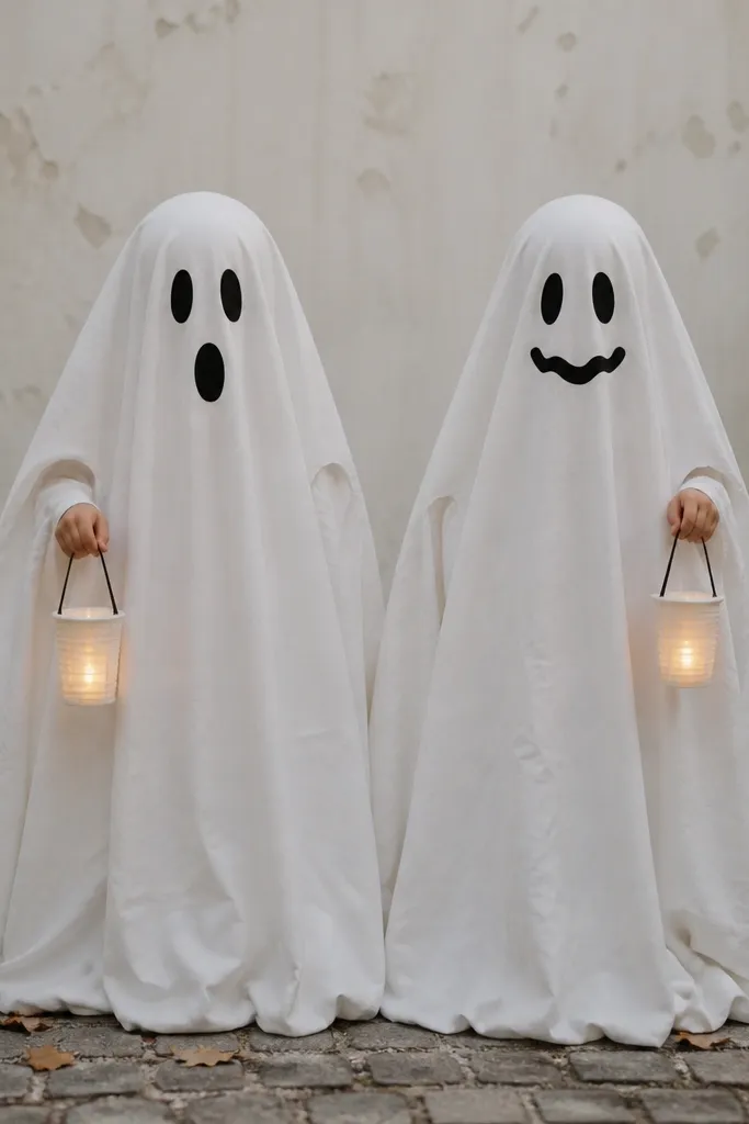 Two people wrapped in white sheet ghost capes with cut-out arm holes. Each ghost has a different face: one has a simple black oval mouth, the other has a wavy smile. They hold small lanterns made from paper cups with LED candles.