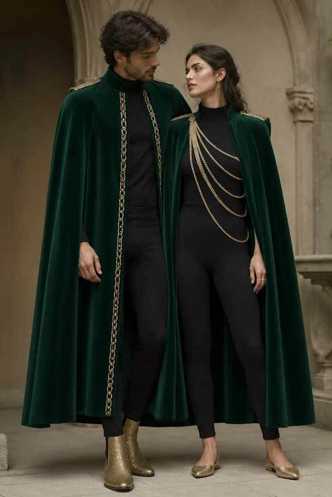 Couple in rich emerald velvet capes draped over dark tops. One has a cape with a structured shoulder and a gold chain-like trim along the front edge; the other has a similar cape but with layered gold chain straps crossing the chest. Both wear black leggings and gold-toned boots or flats.
