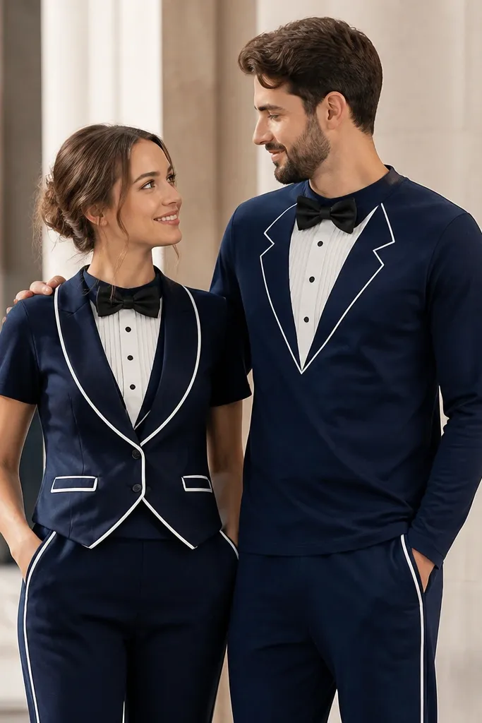 Couple wearing DIY tuxedo-style outfits made from navy fabric tees and pants. The outfits have clean white piping along lapels and collar edges, with matching black bow ties. One person wears a navy vest over a tee; the other wears a long-sleeve shirt with a faux tux front.