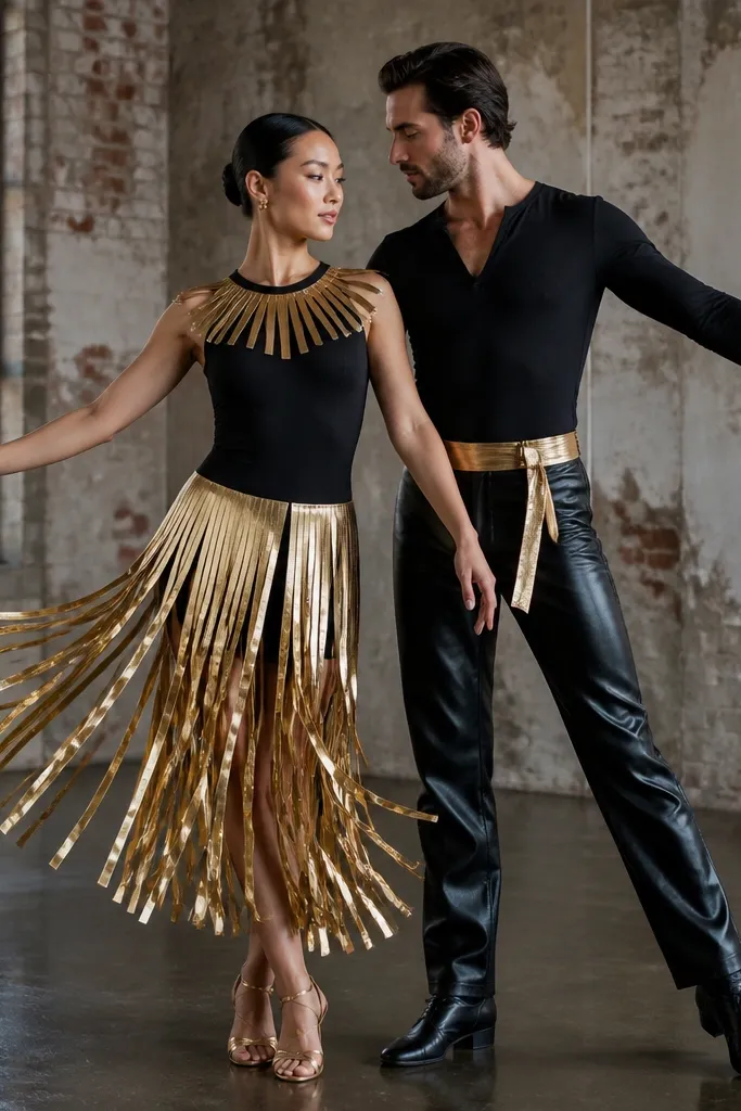 One partner wears a DIY dress made from black base fabric with gold metallic vinyl fringe at the skirt and a halo-like neckline trim. The other partner wears black faux leather pants with a gold vinyl belt and a simple black top. They're posed with arms slightly out to show fringe movement.