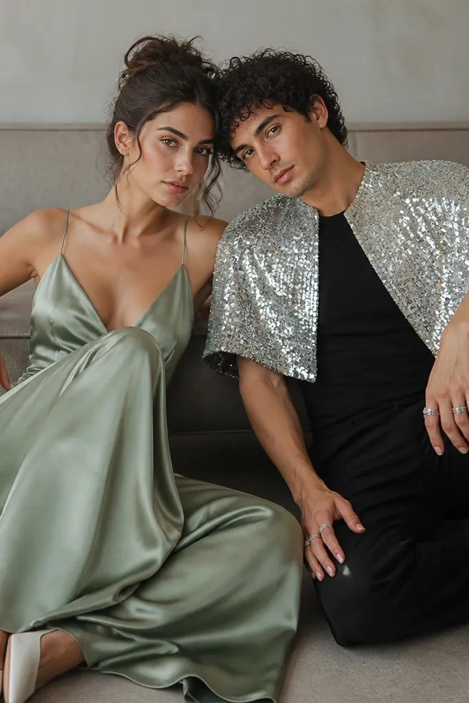 A couple in sage satin slips and a silver sequin shoulder piece. The person in the slip has clean spaghetti straps and a satin sheen; the other wears a cropped cape-like shoulder wrap made from silver sequin fabric over a fitted black top. Both wear silver rings and white pointed shoes.