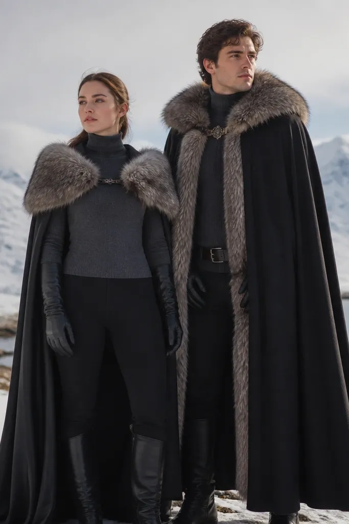 Couple wearing charcoal turtlenecks with a DIY cloak collar made from faux fur. One person has a full cloak with a fur collar and clasp; the other has a fur-trimmed capelet over a fitted turtleneck. The fur looks thick and soft, and both wear black gloves and boots.