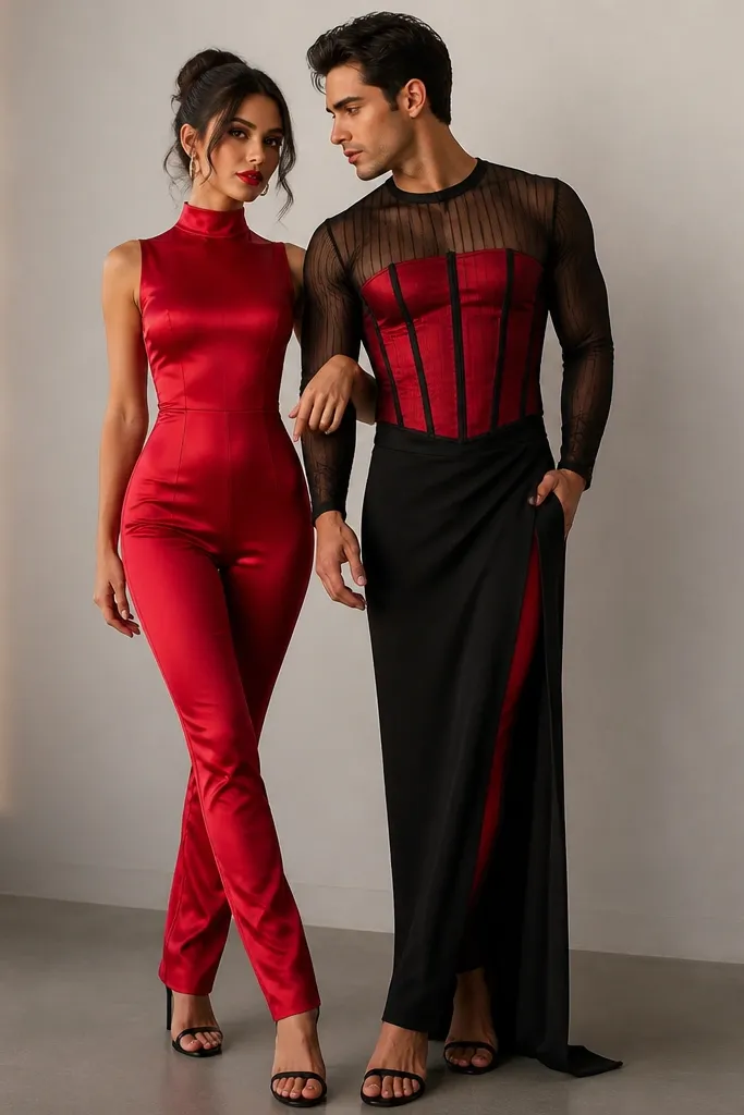 Couple in matching party silhouettes. One wears a red stretch satin jumpsuit with a high neck and clean seams. The other wears a black mesh corset overlay with boning over a red base, plus a long black skirt panel. Both have red lipstick and black strappy heels.