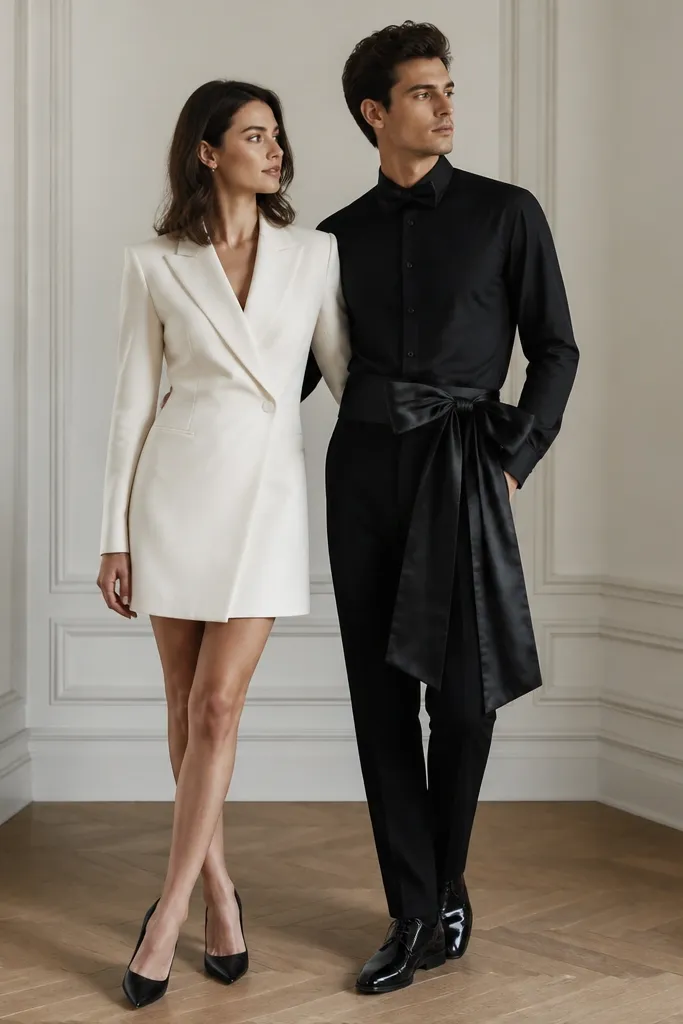 Couple with tailored looks. One partner wears an ivory blazer dress with structured shoulders and a clean lapel line. The other wears a black satin belt tied into a big bow over a simple black outfit, with a small matching bow tie at the collar. Both have minimal jewelry and sleek black shoes.