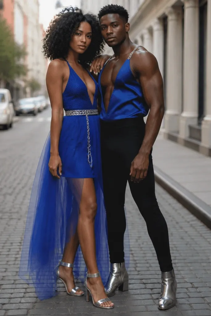 Couple wearing coordinated blue and silver. One person has a cobalt tulle skirt layered over a fitted base and a silver chain belt. The partner wears a cobalt satin top or bodysuit with a small silver chain strap detail and black leggings. They stand in a street setting with silver heels.