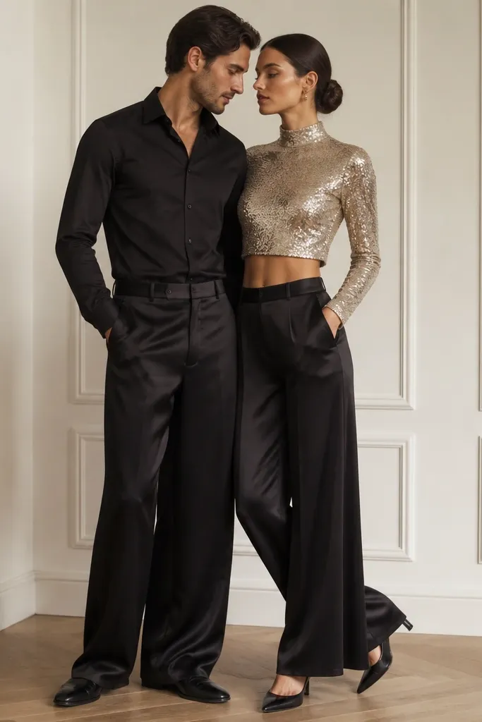 Couple outfit with champagne sequin fabric on one top and black satin wide-leg pants on the other. The sequin top has a cropped fit with a high neck and clean sleeves; the pants are flowy with a crisp waistband. Both wear black heels and small champagne-toned earrings.
