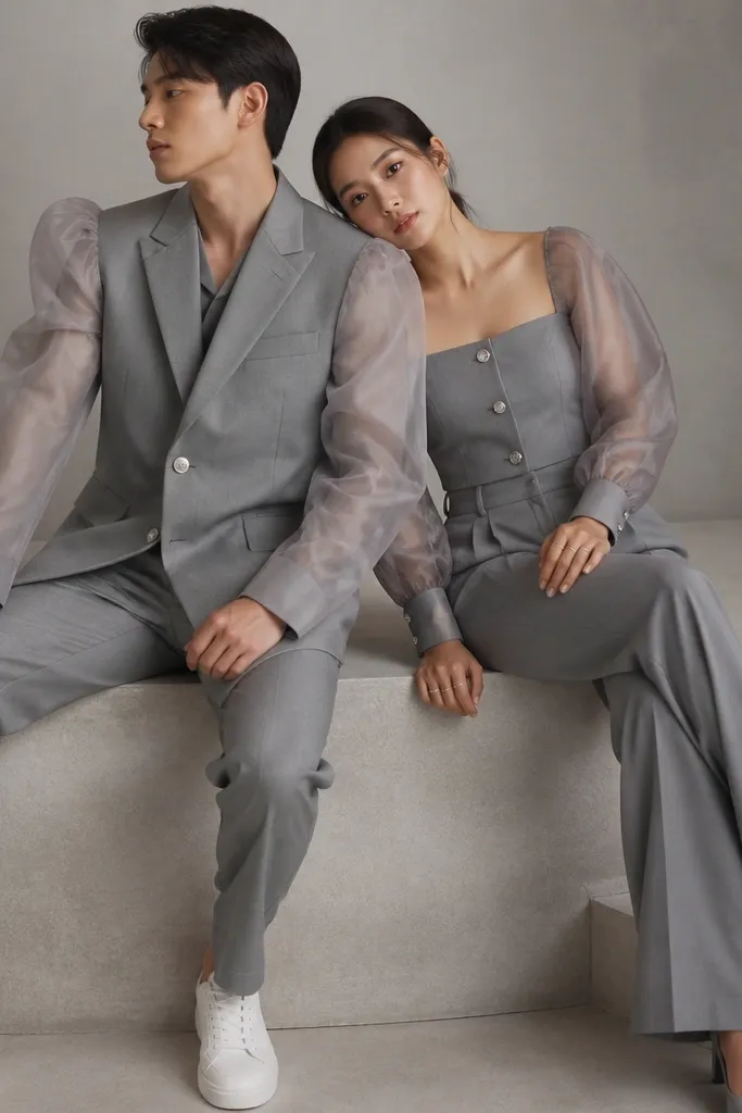Couple in coordinated grey. One wears a stone grey suit jacket with added sheer organza puff sleeves. The other wears a matching grey skirt or pants with an organza sleeve overlay on a fitted top. Both have silver buttons or accents and wear white sneakers or grey heels.