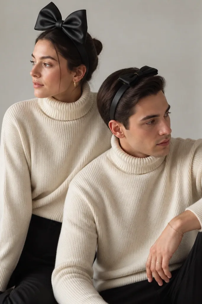 Couple wearing cozy ivory knit turtlenecks and black faux leather bow headpieces. One person has a large bow at the top of the headband; the other has a smaller bow with a leather loop detail. Both have black trousers and minimal jewelry, with a clean monochrome look.