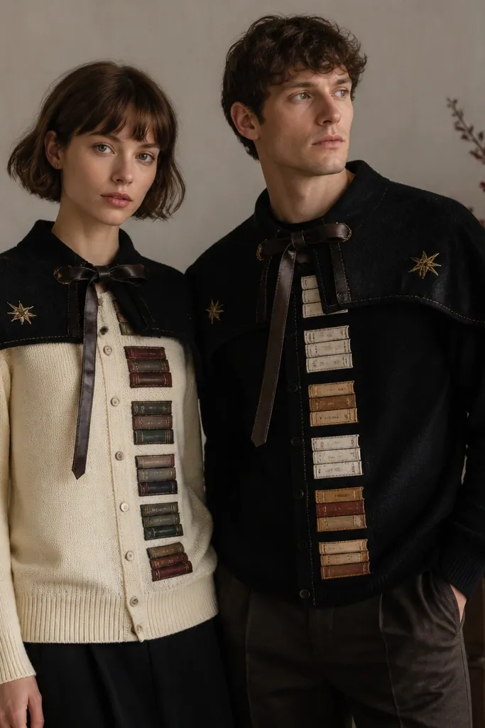 A couple stands side by side. One wears a cream cardigan with paper book-spine labels sewn vertically down the front. The other wears a matching dark sweater with the same labels but in reverse color. Both have short capes made from black felt with small stitched gold star patches at the shoulders and a faux leather tie belt.