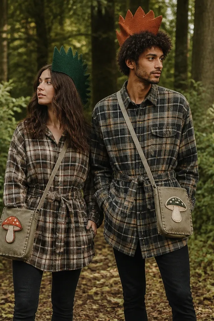 A couple wears oversized plaid shirts as dresses or tunics. Each has a felt mohawk headband in different colors: one green, one rust. They carry small DIY satchel bags made from canvas with stitched patches shaped like mushrooms. Their pants are dark and fitted, and the belts are the same plaid pattern on both outfits.