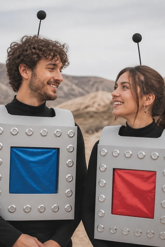 Two people wear light-gray cardboard chest armor over fitted black shirts. The armor has circle rivets made from bottle caps painted silver and glued in neat rows. Each head has a simple antenna made from thin wire wrapped with black tape and capped with small foam balls. One partner's chest has a blue "screen" made from reflective fabric, the other has a red screen.