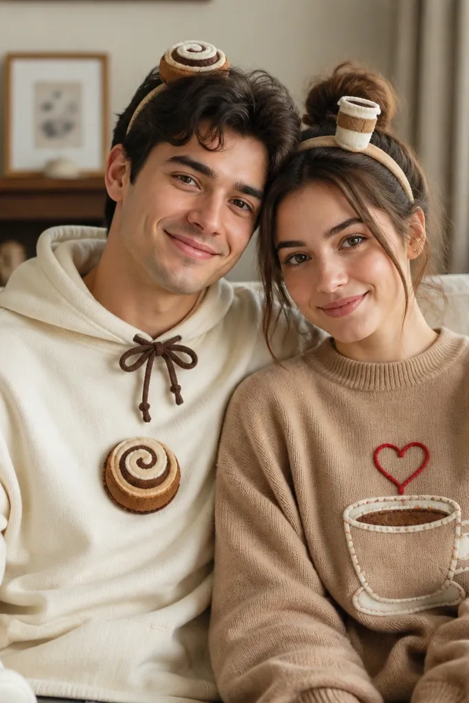 A couple poses in a cozy living-room setting. One wears a cream hoodie with a felt cinnamon swirl pinned across the chest and a small brown bow at the collar. The other wears a tan sweater with a felt coffee cup outline and a red heart steam mark rising from it. Both have matching headbands: one has a mini cinnamon roll piece, the other has a tiny coffee sleeve icon.