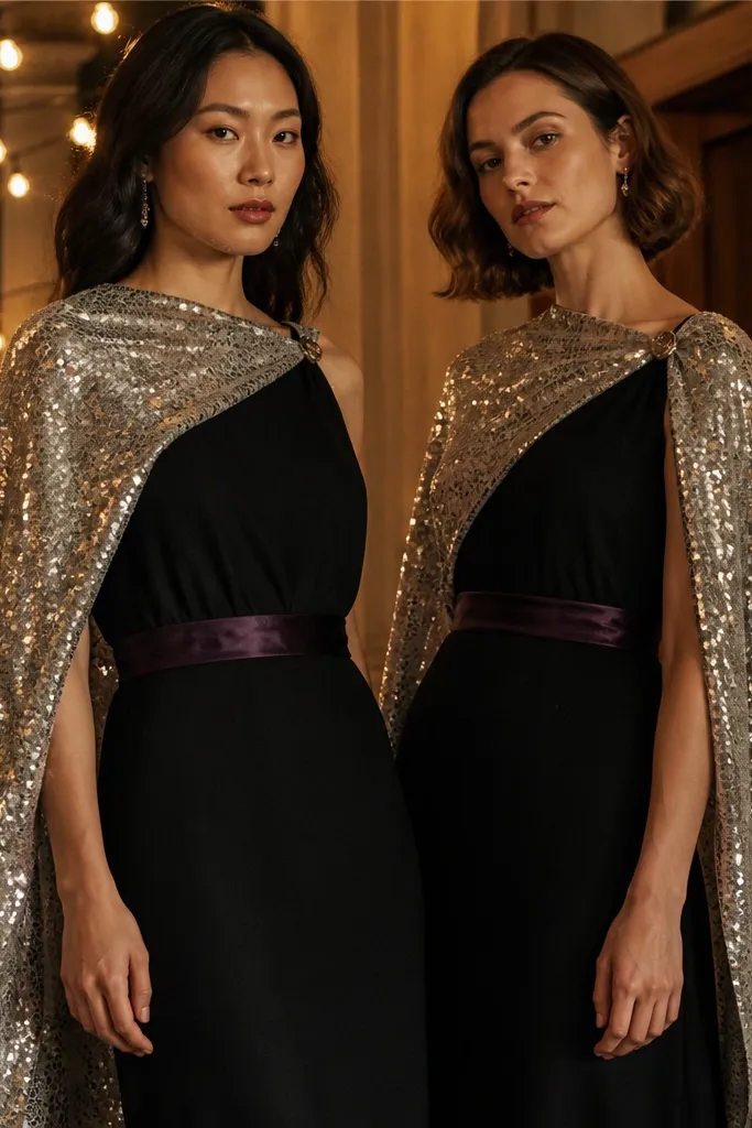 Two people stand under warm lights. Each wears a black slip dress with a DIY cape made from silver sequin fabric. The capes are pinned at one shoulder like a draped shawl and have a satin belt strap in deep purple across the waist. The sequins catch light and create a shimmering outline around their silhouettes.