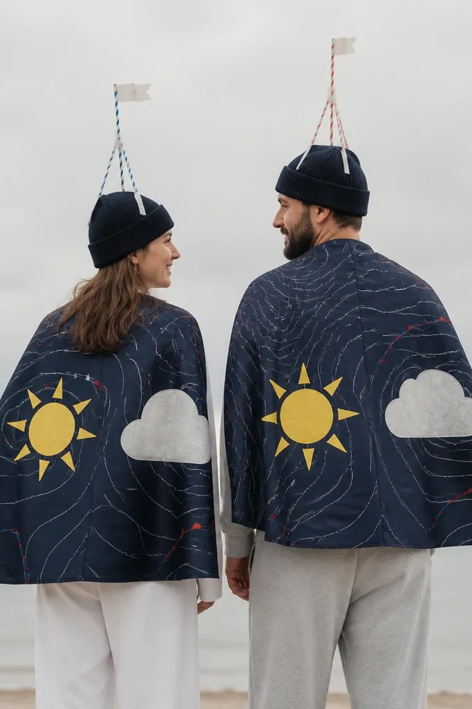 A couple wears matching navy capes made from printed fabric that looks like weather maps. Each cape has a large yellow sun icon on one side and a cloud icon on the other. They wear simple beanies with DIY antenna towers made from straws and tape, capped with small paper flags. Their outfits underneath are plain - one in white, one in light gray.