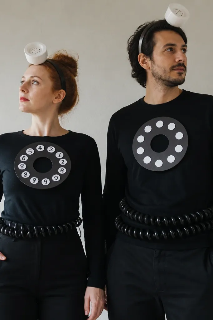 Two people wear matching black tops with DIY telephone cord belts wrapped around their waists like a coiled cable. They have small, white mouthpiece props on a headband that look like old phone receivers. Each has a different dial graphic on the chest made from cardboard circles with numbers painted in white.