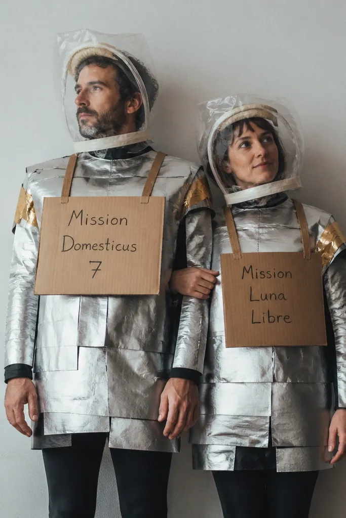 A couple stands in front of a plain wall. Each wears a silver foil-like suit made from overlapping reflective material panels over dark leggings. They have matching cardboard chest plates with handwritten mission names. Their helmets are simple: a clear plastic bag draped over a cap and taped around the face, with a small cloth "cushion" strip. Accessories include gold duct-tape shoulder bands.