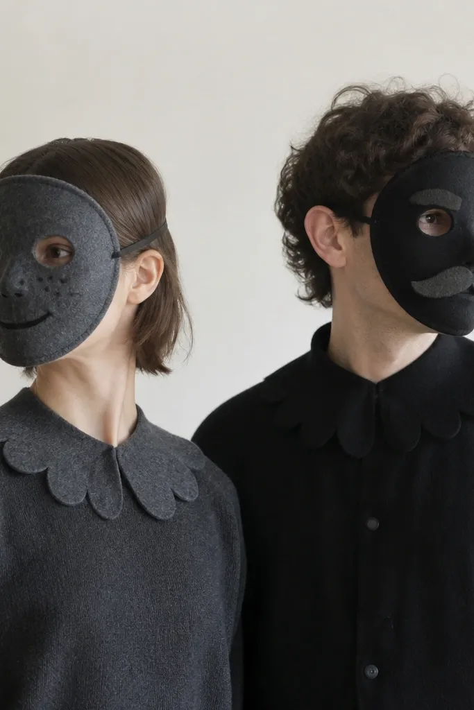 Two people wear monochrome outfits: one in charcoal gray, the other in black. Each has a DIY felt mask with a different face design: one has a simple smile and freckles, the other has a stern brow with a mustache. The masks are attached with elastic bands, and both wear matching felt collar pieces in the same color as their masks.