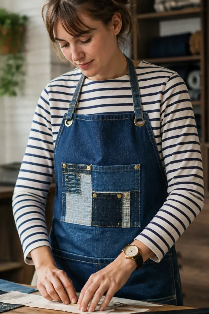 A blue denim apron over a striped shirt, with a DIY pocket panel made from different denim scraps, brass-colored snaps, and a small "watch" prop strapped to the wrist.