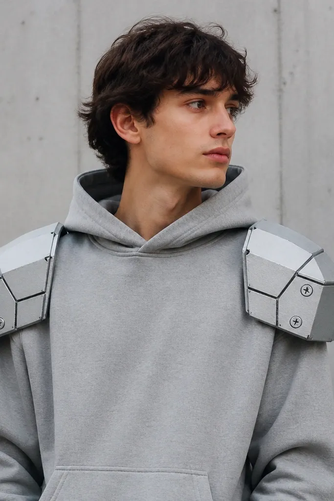 A simple gray hoodie with two sculpted shoulder pieces made from cardboard painted metallic silver, with black panel lines and small sticker screws; the shoulders look boxy and futuristic.