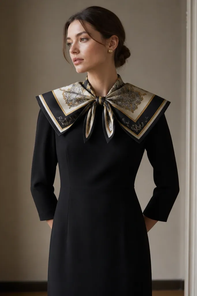 A plain black dress with a dramatic collar made from a silky patterned scarf folded into a wide, structured shape; the collar has crisp edges and a small tie at the throat.