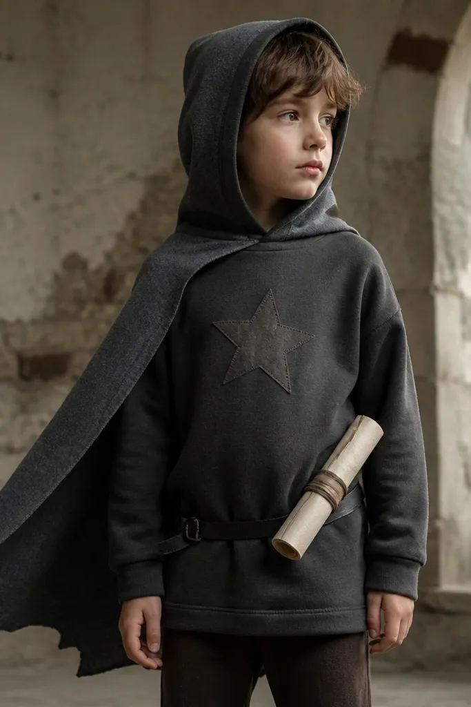 A charcoal hoodie with a long faux-felt cape panel attached to the hood, a stitched star patch on the chest, and a belt holding a rolled "spell" scroll made from paper.