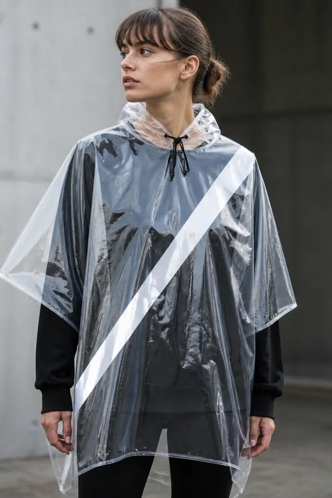 A clear poncho over dark clothes with one bold reflective stripe running diagonally across the torso, and a small hood cinch made from cord.