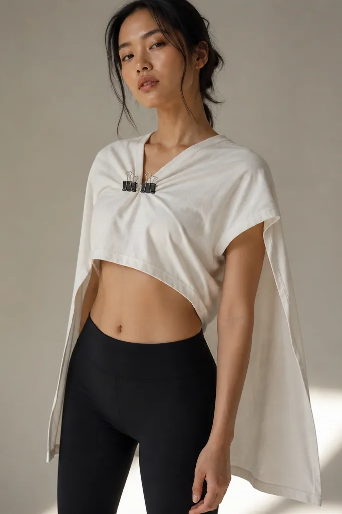 A cropped look made from a long T-shirt turned into a cape drape across the shoulders, secured at the front with two binder clips, and paired with black leggings.