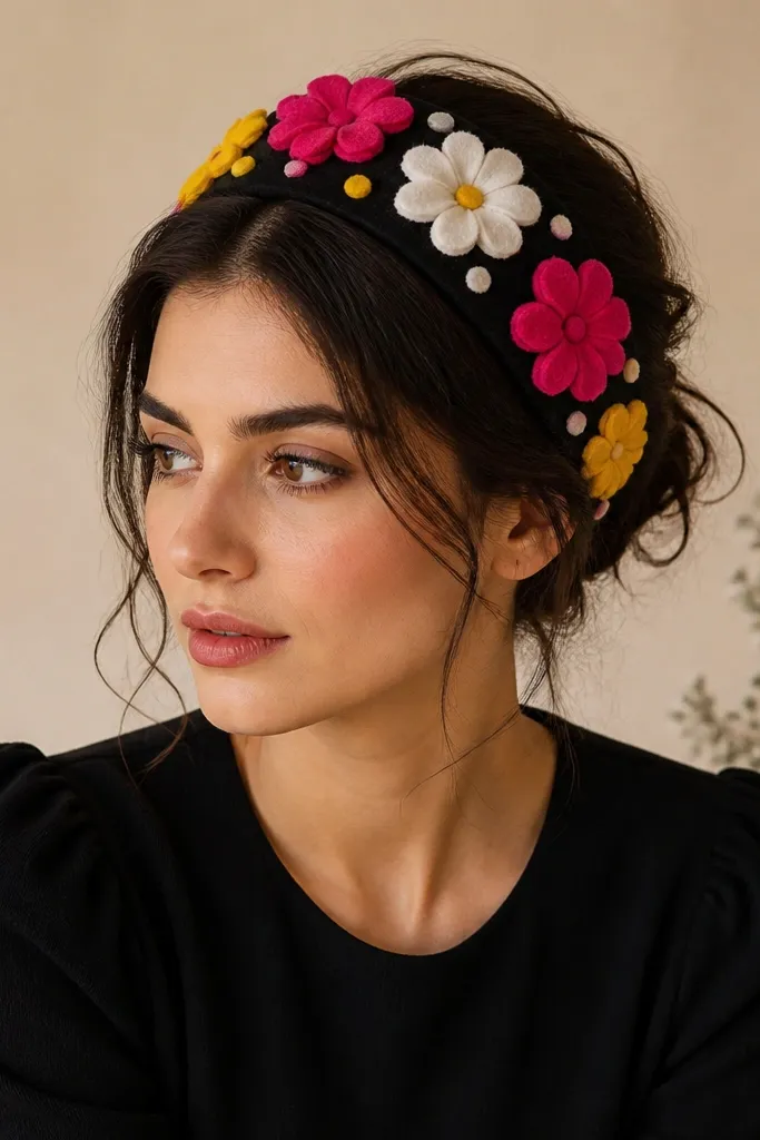 A wide black headband covered with large felt flowers in hot pink, sunny yellow, and white, plus small felt circles like dots; the rest of the outfit is a simple black top.