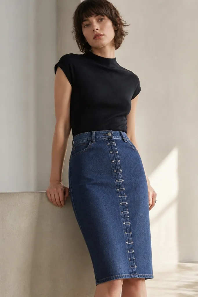 A knee-length denim skirt with a row of safety pins arranged like studs along the front seam, paired with a fitted top; the pins are evenly spaced and slightly tilted.
